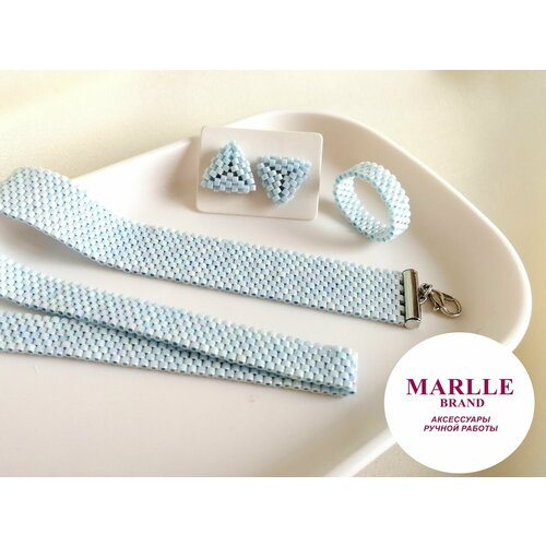 MARLLE Комплект украшений из бисера: чокер, браслет, серьги-пусеты и кольцо из бисера ручной работы в подарочной упаковке, голубой