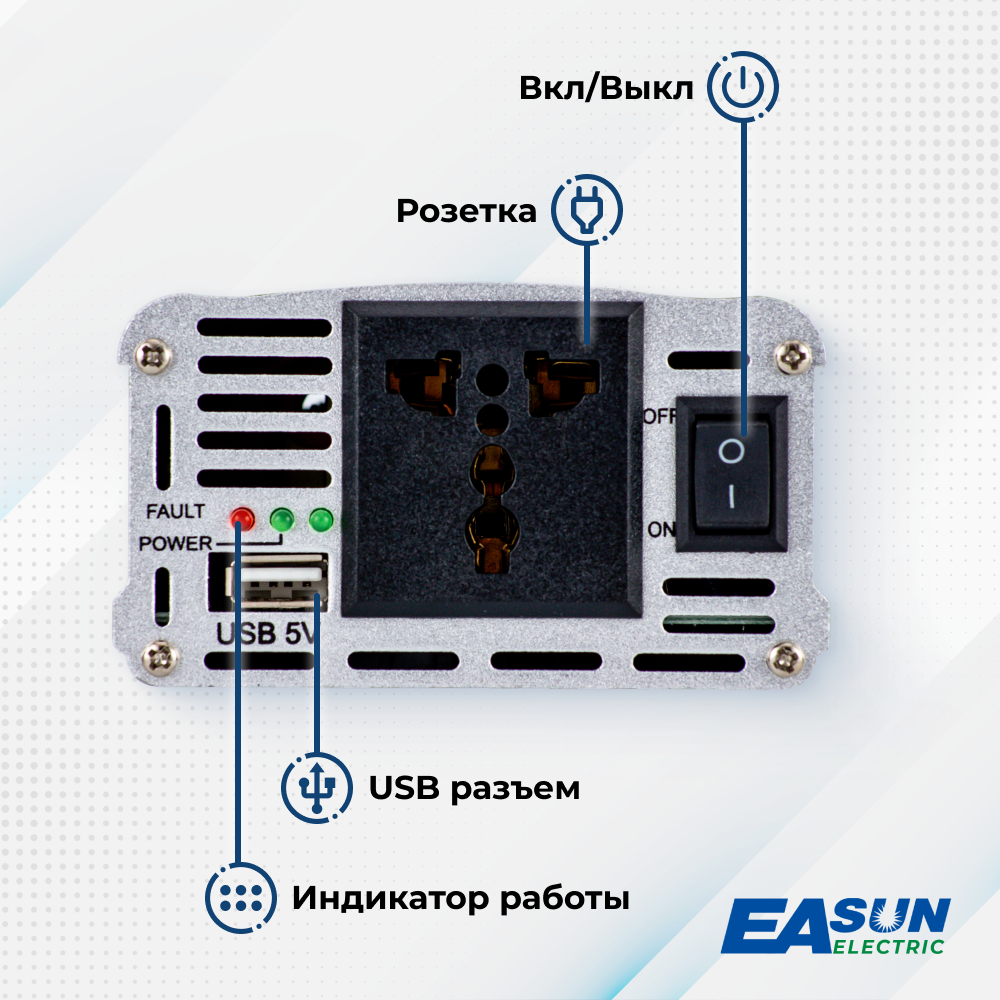 Инвертор автомобильный 12 220В Power Inverter, 1000 Вт. Преобразователь напряжения. К прикуривателю. Евророзетка и USB. Постоянная мощность до 500 Вт.