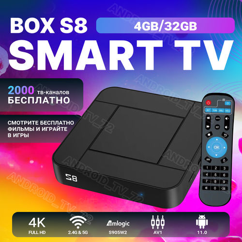 Прошитая смарт ТВ приставка Android TV Box ATV S8 4GB\32GB Android TV прошитая смарт приставка 16000 тв каналов бесплатно tanix w2 4 32 gb android tv slimbox