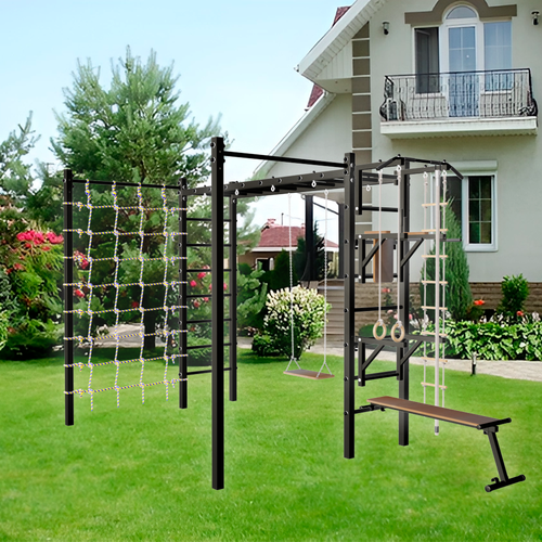 Уличная шведская стенка Sv Sport рукоход с комплектом турник прямой 2шт и сеткой У5366 (ступени Чёрные)