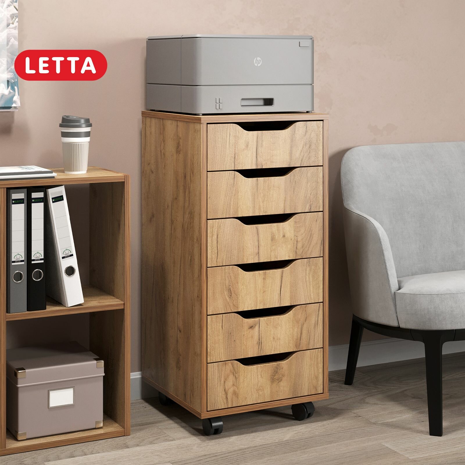 Комод офисный Letta Praga, 6 выдвижных ящиков, ЛДСП, цвет дуб крафт золотой