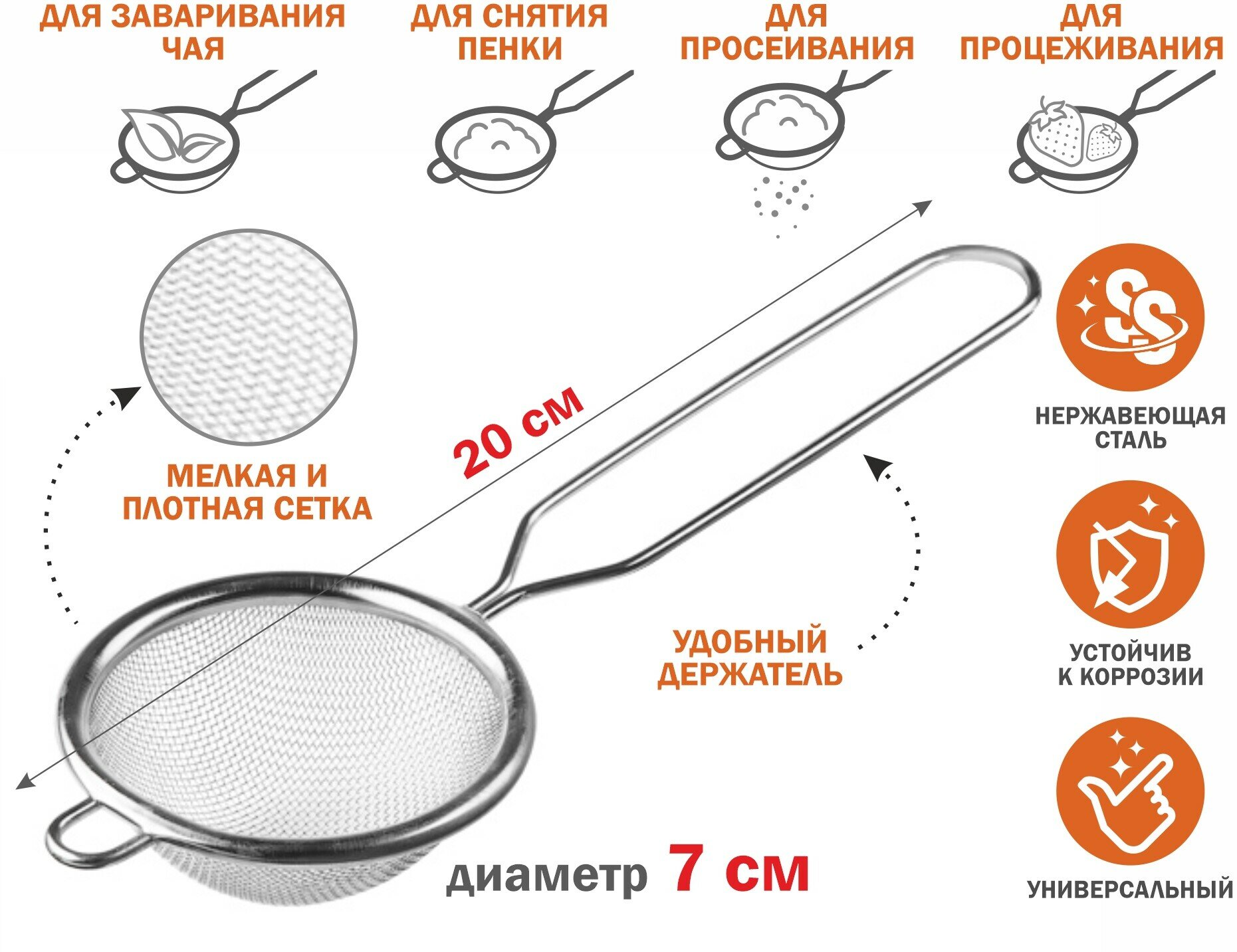 Ситечко с ручкой PERFECTO LINEA 70 мм нержавеющая сталь (24-020007) — фото 1