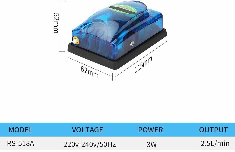 компрессор для аквариума RS-518A , 1 канал, 3w , 2.5 л/мин , 25dB(A) - фотография № 2