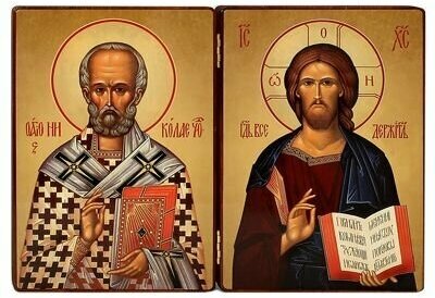 фото Складень двойной на деревянной основе, иконы "Святитель Николай Чудотворец" - "Господь Вседержитель".