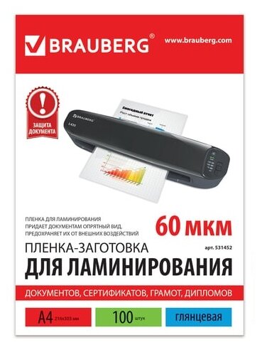 Пленки-заготовки д/ламинирования А4, комплект 100шт, 60 мкм, BRAUBERG, 531452