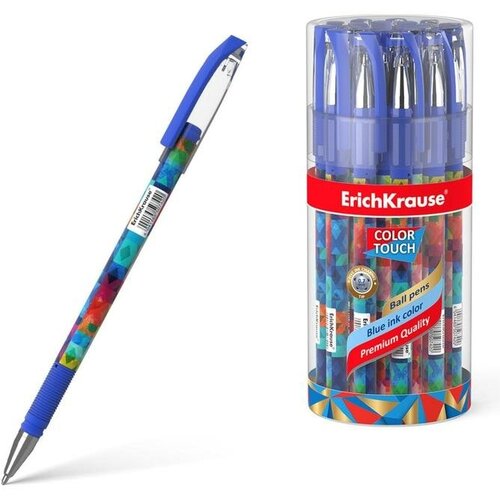 Ручка шариковая ErichKrause ColorTouch Patchwork, узел 0.7 мм, тонкое письмо, резиновый держатель, стержень с дизайном, чернила синие