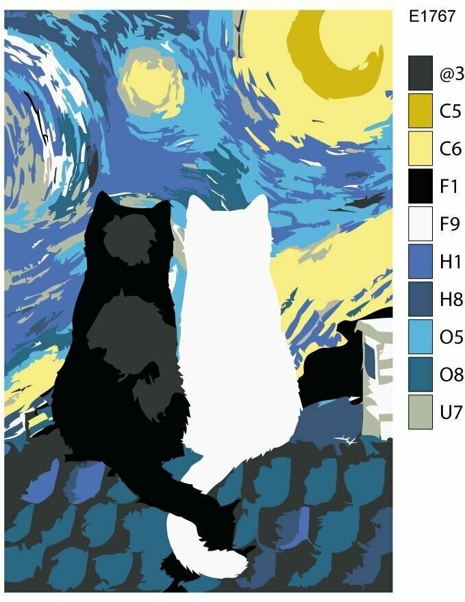 Детская картина по номерам E1767 "Черный кот и белая кошечка на крыше дома" 20x30