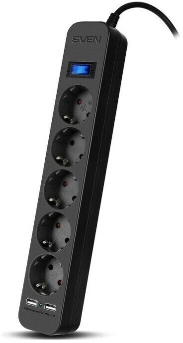 Фильтр Sven Surge protector SF-05LU 1,8 м (5 евро розеток, 2*USB(2,4A)) черный, цветная коробка (SV-018832)