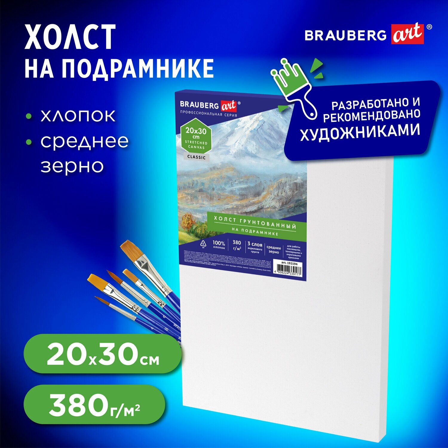 Холст / на подрамнике для рисования 20х30 см, 380 г/м2, грунтованный, 100% хлопок, Brauberg Art