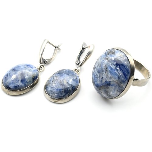 Комплект бижутерии Радуга Камня: серьги, кольцо, кианит, размер кольца 19, синий