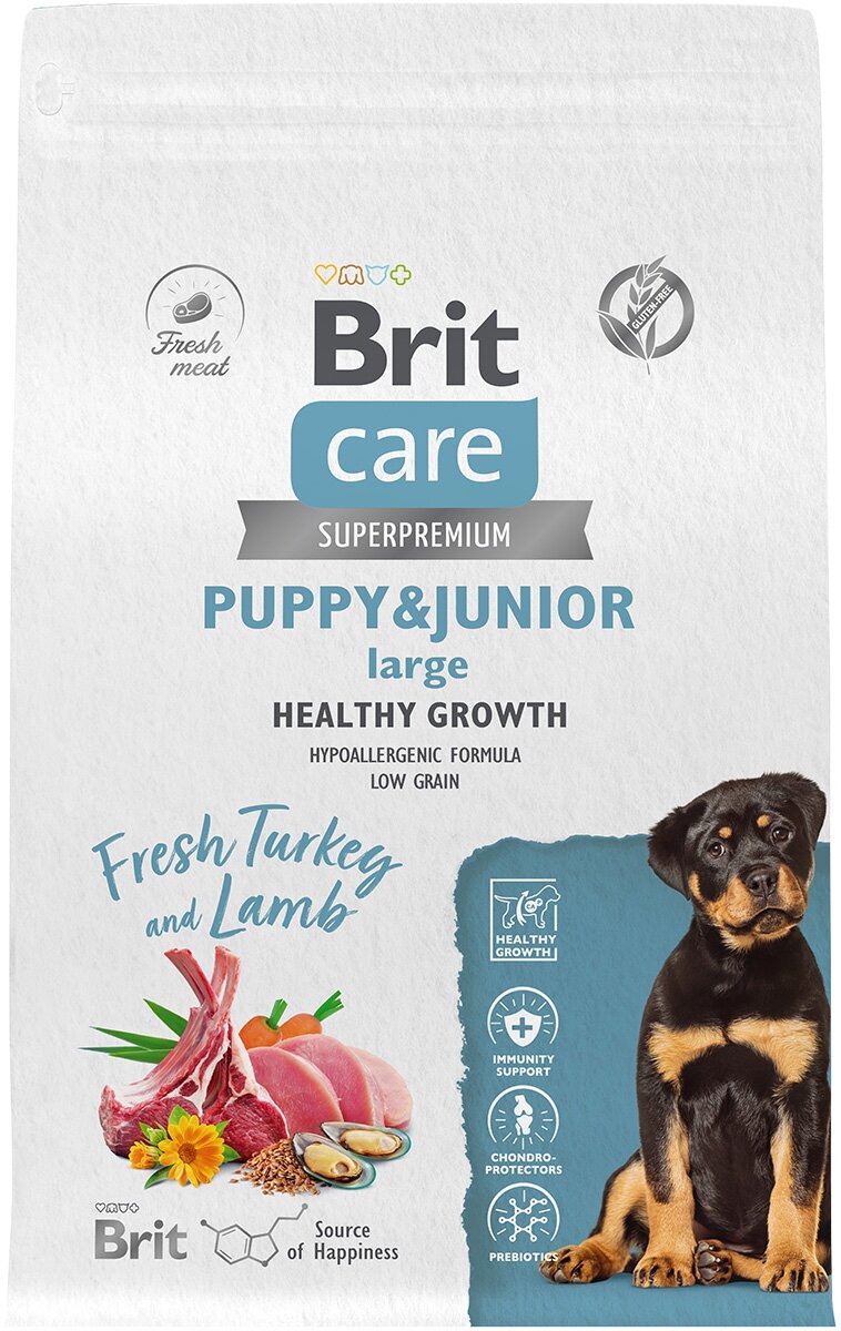 BRIT CARE DOG PUPPY & JUNIOR LARGE HEALTHY GROWTH для щенков крупных пород с индейкой и ягненком (3 кг)