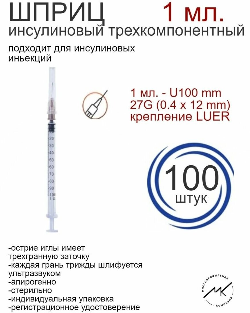 Шприц инсулиновый 1 мл с иглой 27G (0.4х12мм)