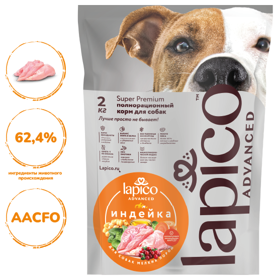 Корм сухой низкогликемический "Lapico" Advanced (Лапико), для собак мелких пород, индейка, 2кг, содержание мяса 44,5%