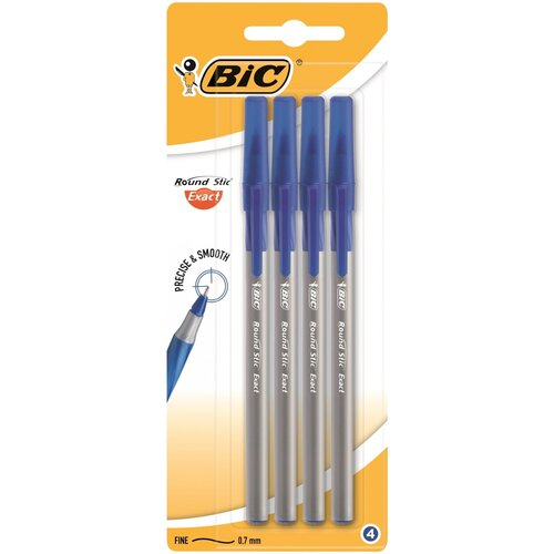 Ручка шариковая BIC Раунд Стик, Экзакт, синяя, 0,3 мм, 4 штуки