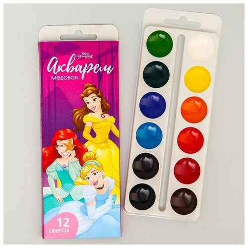 Disney Акварель медовая «Принцессы», 12 цветов, в картонной коробке, без кисти