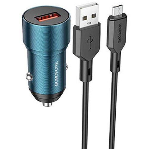 Блок питания автомобильный 1 USB Borofone BZ19A, Wisdom, 18Вт, QC3.0, кабель микро USB, цвет: синий автомобильное зарядное устройство borofone bz13 extreme кабель lightning 12 вт black