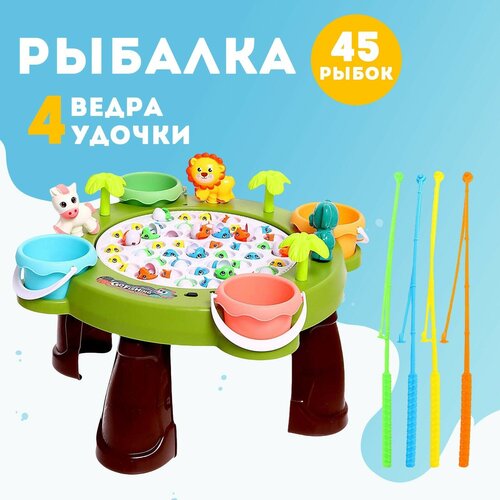 фото Развивающая игрушка «большая рыбалка», 45 рыбок, 4 удочки, 4 ведра, свет, звук россия