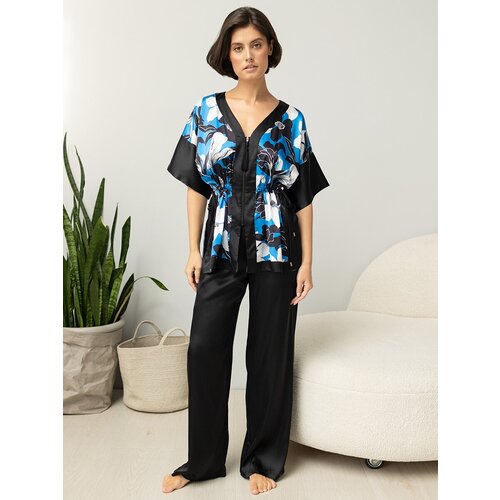 фото Комплект mia-mella, блуза, брюки, короткий рукав, карманы, размер 56, черный, голубой