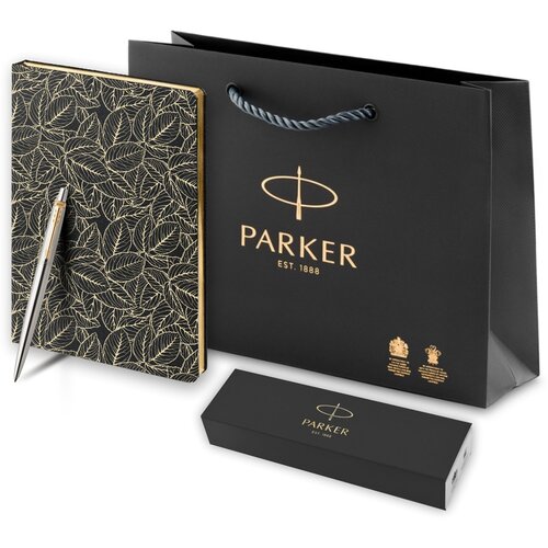 Подарочный набор: Шариковая ручка Parker Jotter Essential, St. Steel GT, стержень: Mblue и Ежедневник недатированный, черный