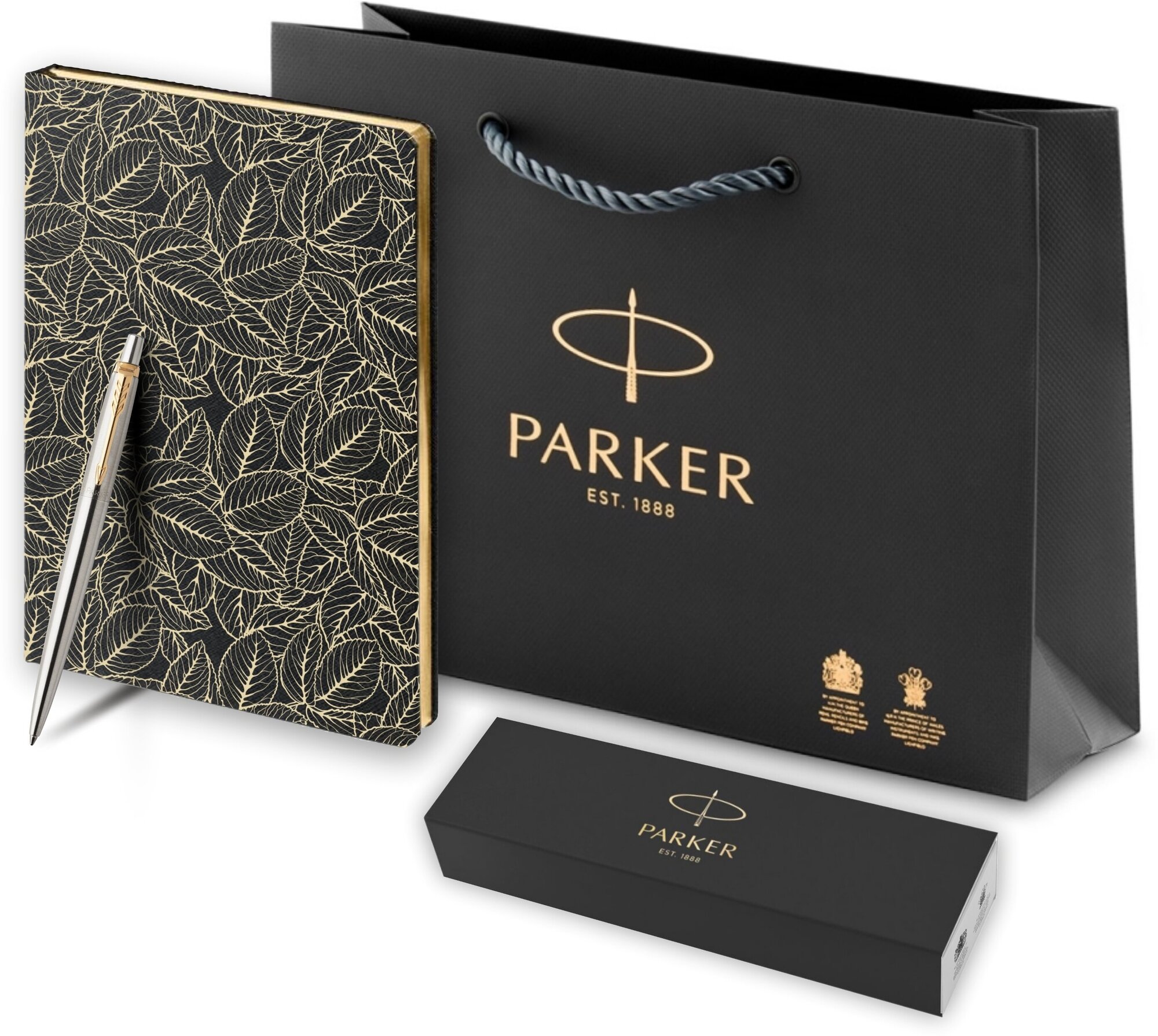 Подарочный набор: Шариковая ручка Parker Jotter Essential, St. Steel GT, стержень: Mblue и Ежедневник недатированный, черный.