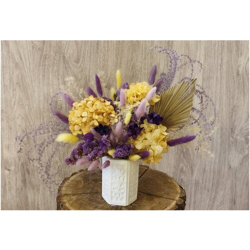 Гортензия Стабилизированная и Сухоцветы Композиция в Бетонном кашпо