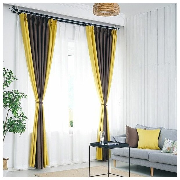 Комплект (набор) комбинированных штор для комнаты и спальни "Блэкаут Трио" венге-желтый 150х250 - 2 шторы на ленте
