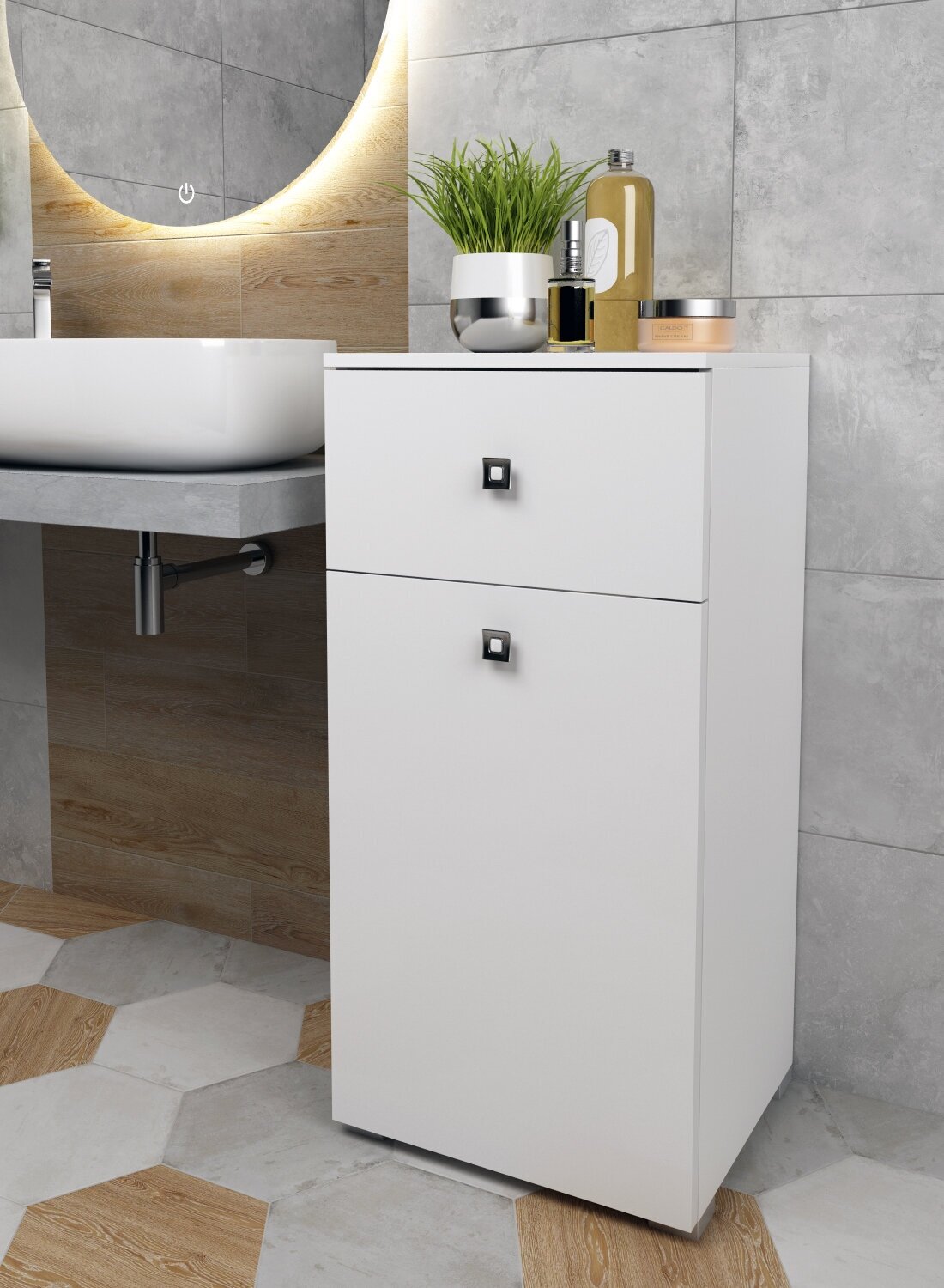 Шкаф для ванной комнаты, REGENT style, Пенал Виола 1корзина 1ящик, белый, 83,6*40*35 - фотография № 3