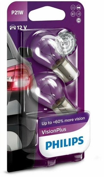 Автолампа Philips Vision Plus +50%, P21W, BA15s, 12 В, 12498 VP B2, набор 2 шт