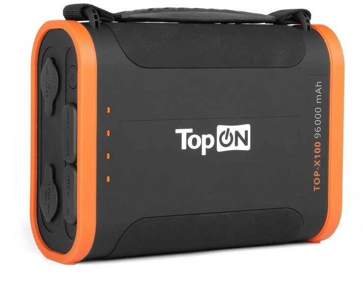 Внешний аккумулятор TopON TOP-X100 96000mAh Type-C PD 60W, USB1 QC3.0, USB2 12W, 2 авторозетки 180W, фонарь, защита от брызг, LiFePO4. Черный