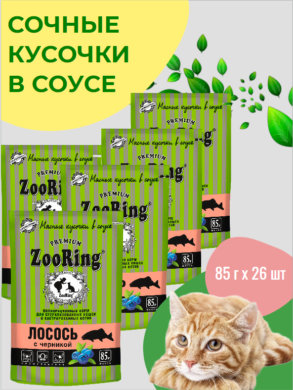 фото Консервы для кошек ZooRing Кусочки в желе Лосось с черникой для стерилизованных кошек и кастрированных котов 85гх26шт