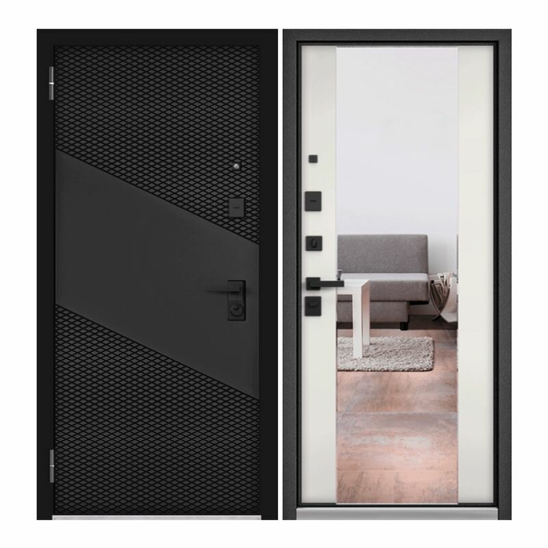 фото Дверь входная Unicorn для квартиры металлическая LOFT 960х2050, открывание влево, тепло-шумоизоляция, антикоррозийная защита, замки 4-го и 2-го класса, зеркало, черный/белый