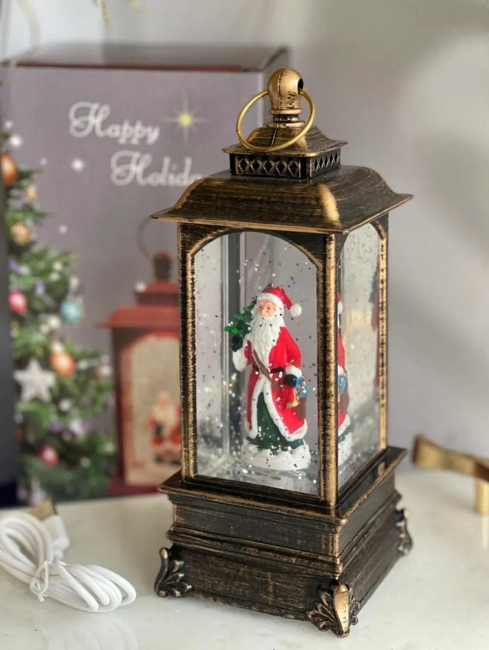Новогодний фонарь со снегом подсветкой и музыкой