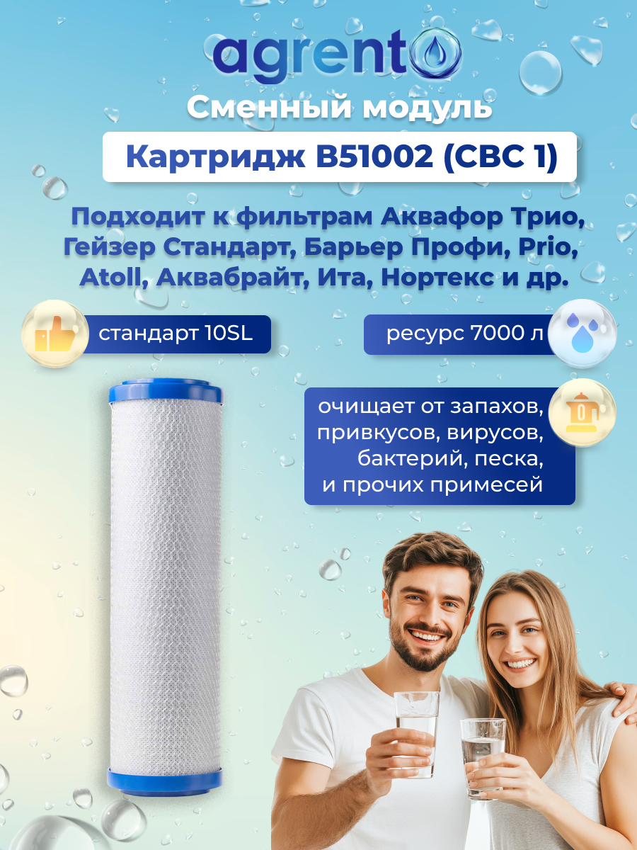 Картридж В51002 (свс 1) из смеси активированных углей подходит к фильтрам для воды Аквафор Трио Барьер Профи Гейзер