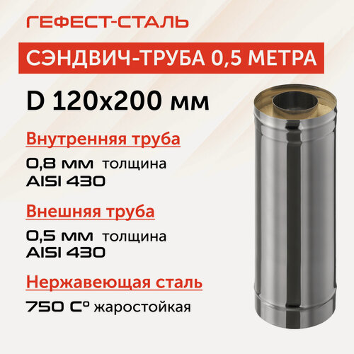 Изображение товара Сэндвич-труба для дымохода 0,5 м, 120х200, AISI 430/430, 0,8 мм/0,5 мм, (К)