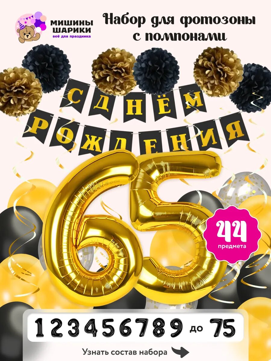 Набор воздушных шаров для фотозоны на день рождения с цифрой 65 лет