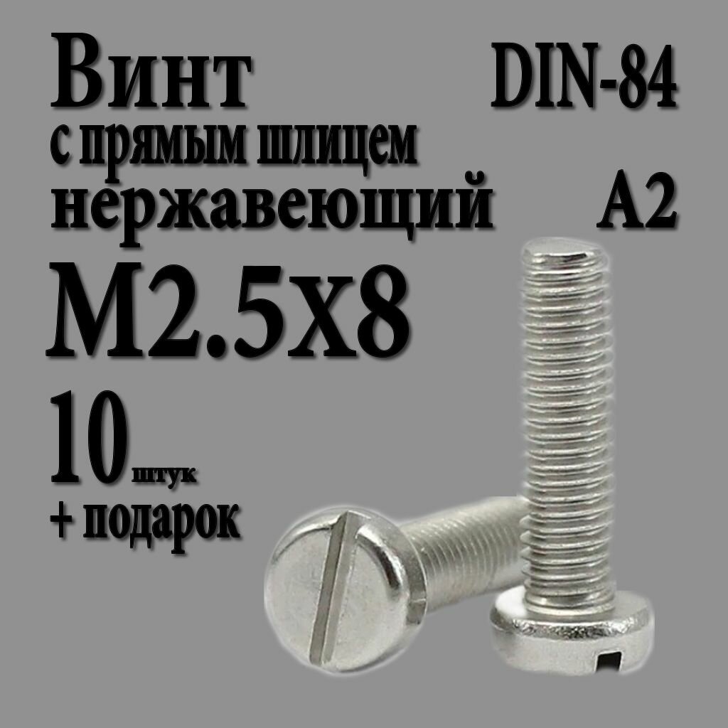 Винт с цилиндрической головкой и прямым шлицем М2.5Х8 (M2.5X8 шаг 0.4) DIN 84 нержавеющий А2 10 шт.