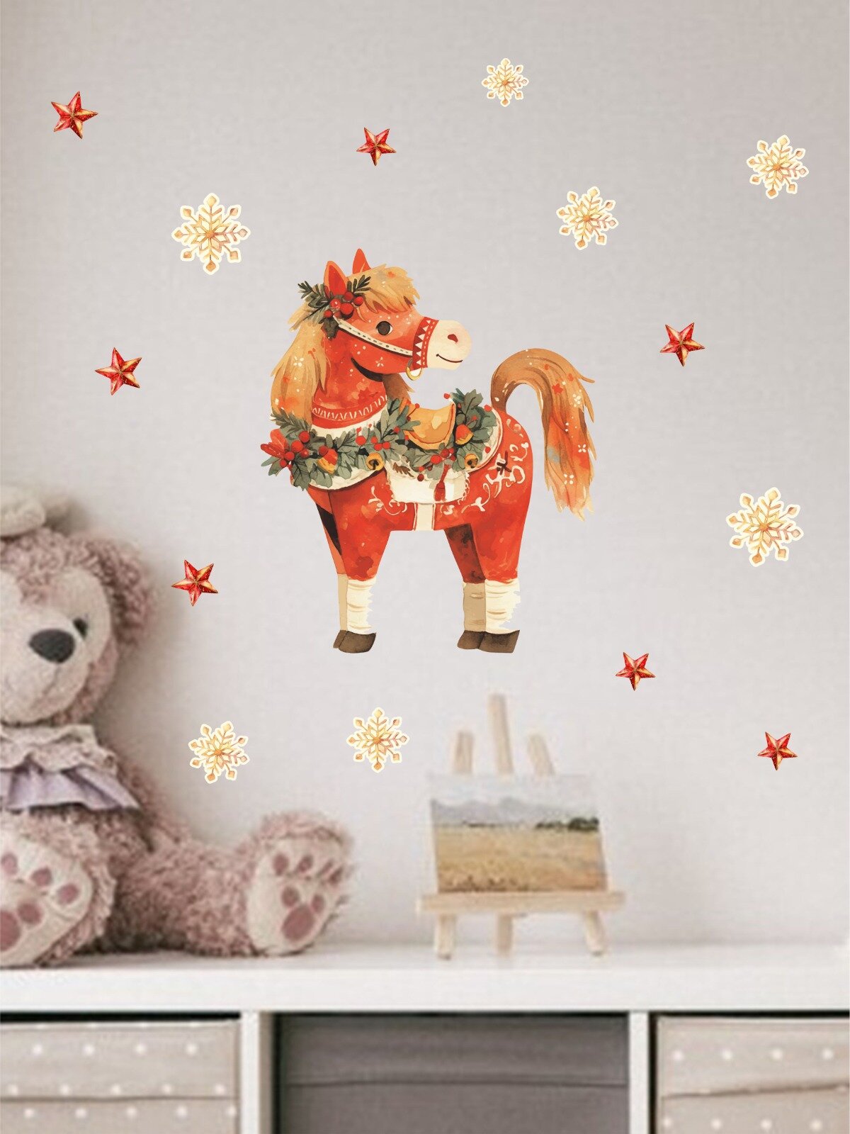 Новогодние наклейки на стену Лошадка декор для украшения дома Lisadecor