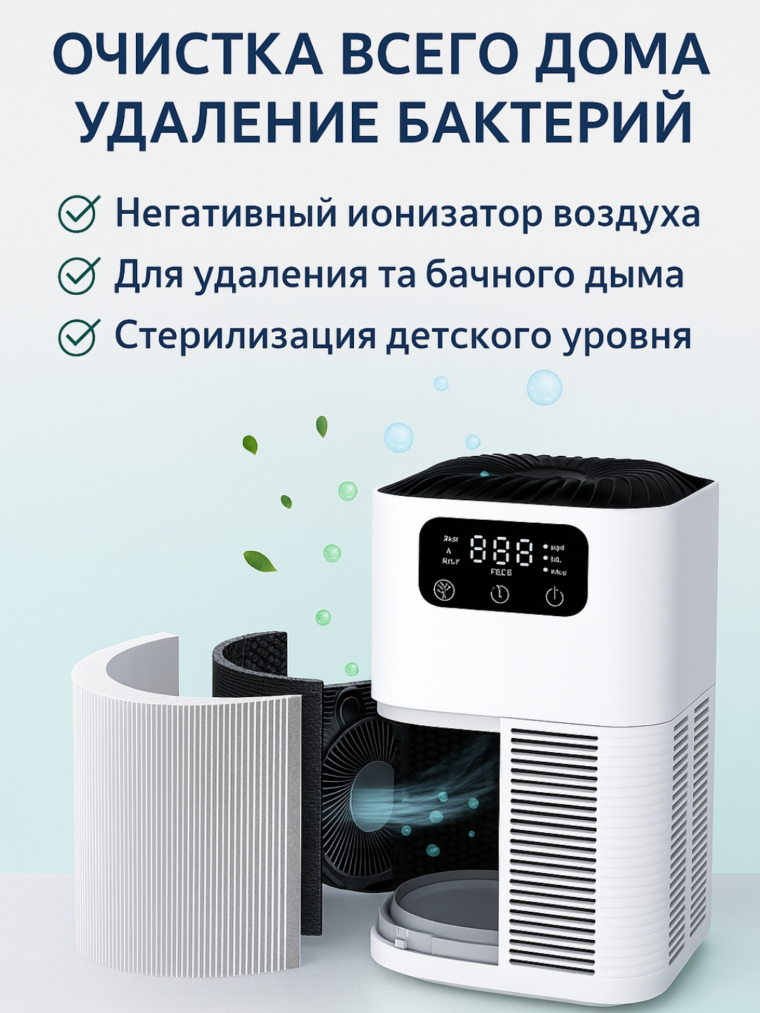 Умный очиститель воздуха с HEPA H13, ионизацией, УФ и ароматизацией