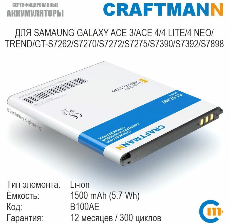 Аккумулятор Craftmann для Samsung GALAXY ACE 3/ACE 4/ACE 4 DUOS/4 LITE/4 NEO/TREND/GT-S7262/S7270/S7272/S7275/S7390/Z1 (B100AE/EB-L1M7FLU/EB-BG313BBE)