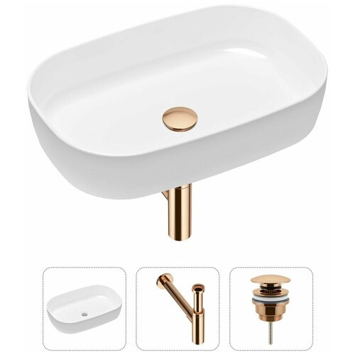 Накладная раковина в ванную Lavinia Boho Bathroom Sink Slim 21520096 в комплекте 3 в 1: умывальник белый, донный клапан и сифон в цвете розовое золото