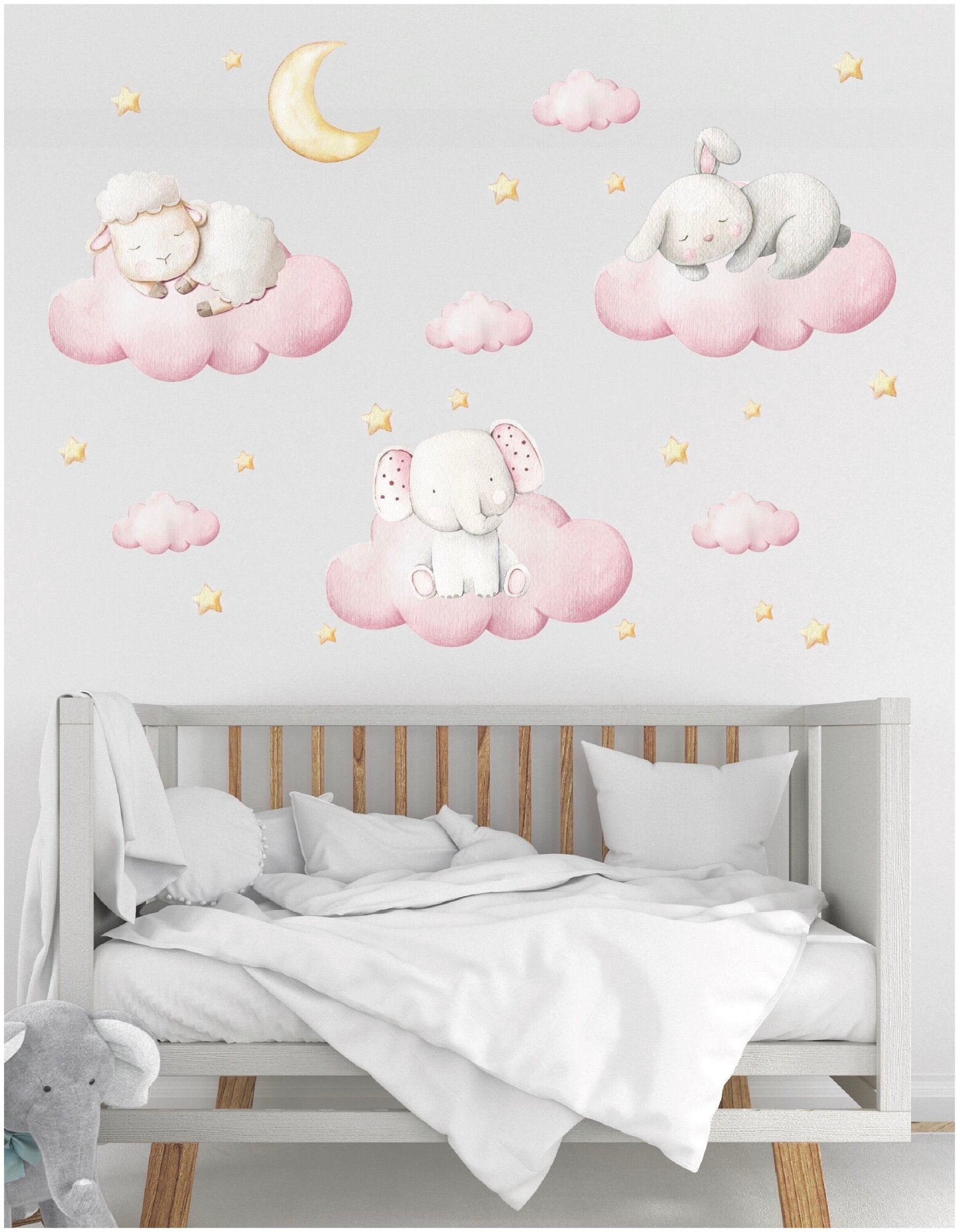 Интерьерные декоративные виниловые наклейки на стену, обои детские большие "Животные на облаках" декор в детскую комнату, размер композиции 120/140 см
