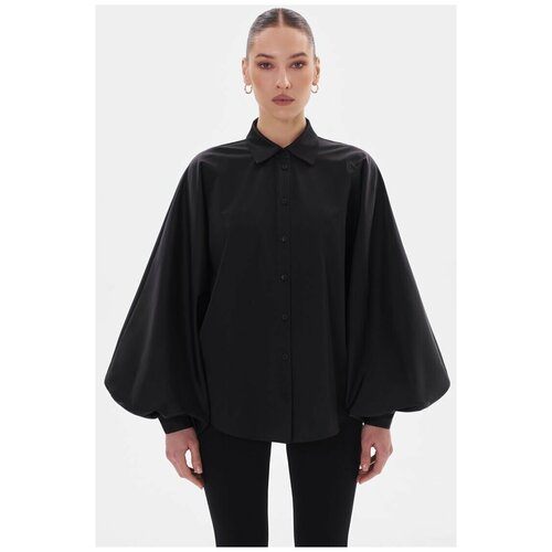 фото Блуза toptop studio, нарядный стиль, свободный силуэт, длинный рукав, однотонная, размер s, черный