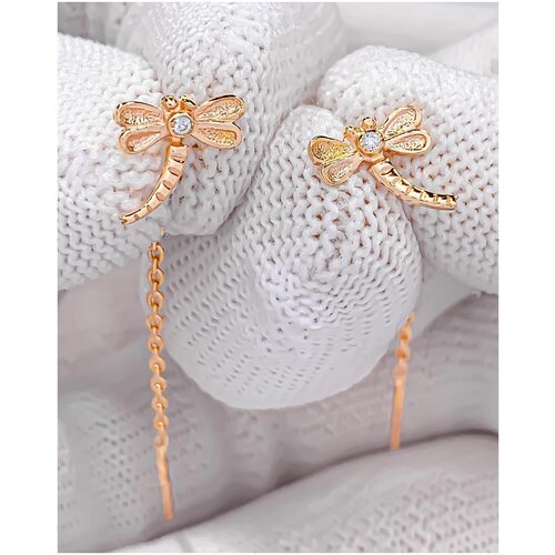 Серьги Trade Jewelry протяжки из серебра 925 пробы (покрытие золото 585) с белым фианитом с стрекозой