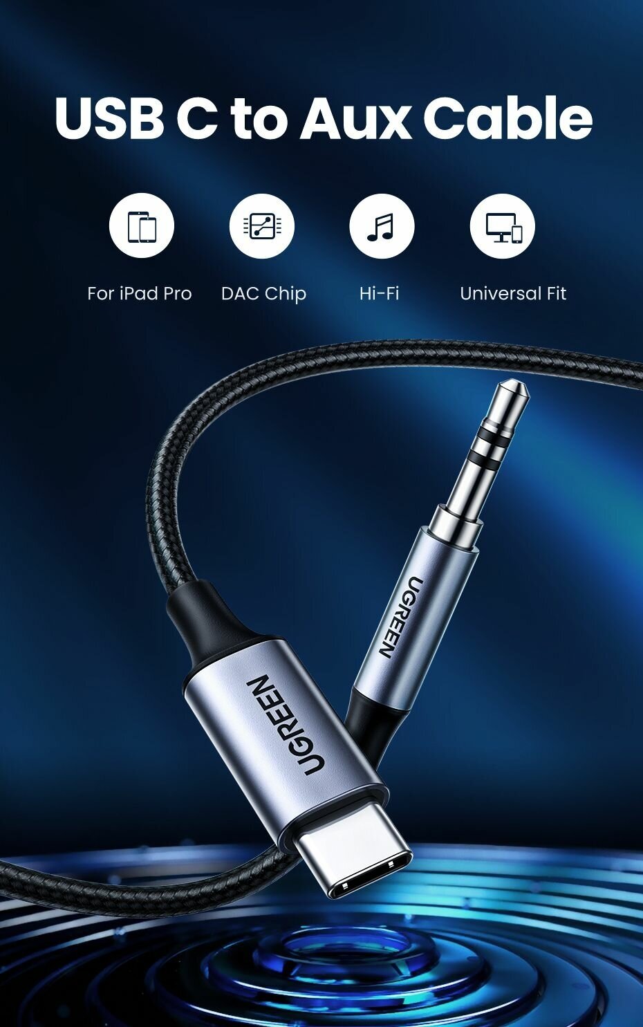 Аксессуар Ugreen CM450 USB Type-C Male - 35mm Male Audio Cable with Chip 1m Black 20192