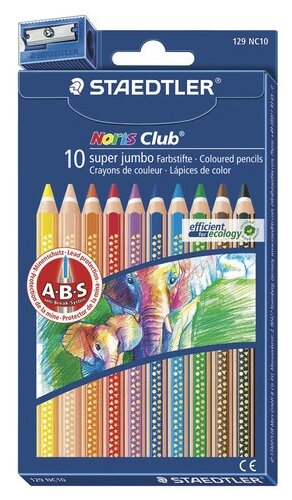 Карандаши цветные утолщенные STAEDTLER (Германия) «Noris Club», 10 цветов, грифель 6 мм, европодвес, 129 NC10