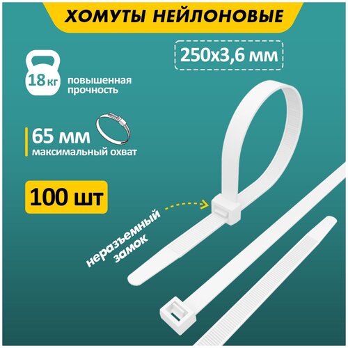 Хомут-стяжка нейлоновый кабельный REXANT 250x3.6 мм, белый, 100 шт.