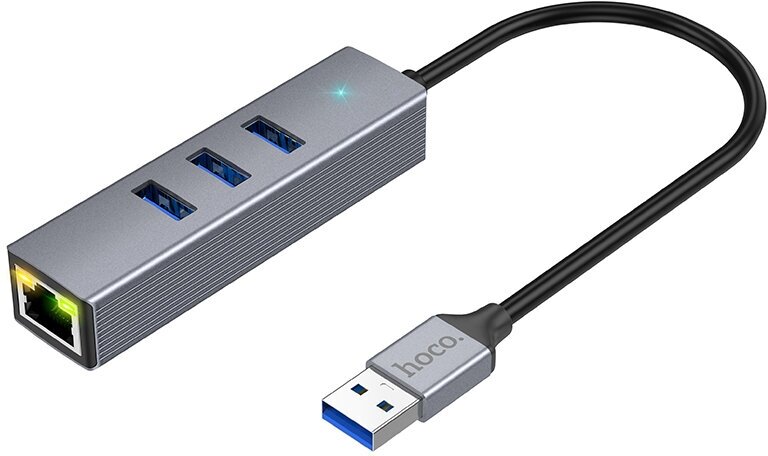 USB Хаб (HB34) c 1 USB на 3 USB 3.0+RJ45, HOCO, металлический серый
