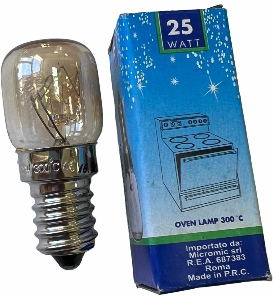 Лампочка духового шкафа 25W 300C цоколь E14 длина 50 мм - WP001 для плиты универсальная
