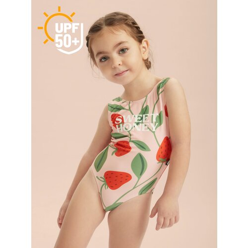 50658, Детский купальник слитный для девочек UPF50+ Happy Baby с открытой спиной, солнцезащитный, с бантом, розовый с собакой, размер 116-122