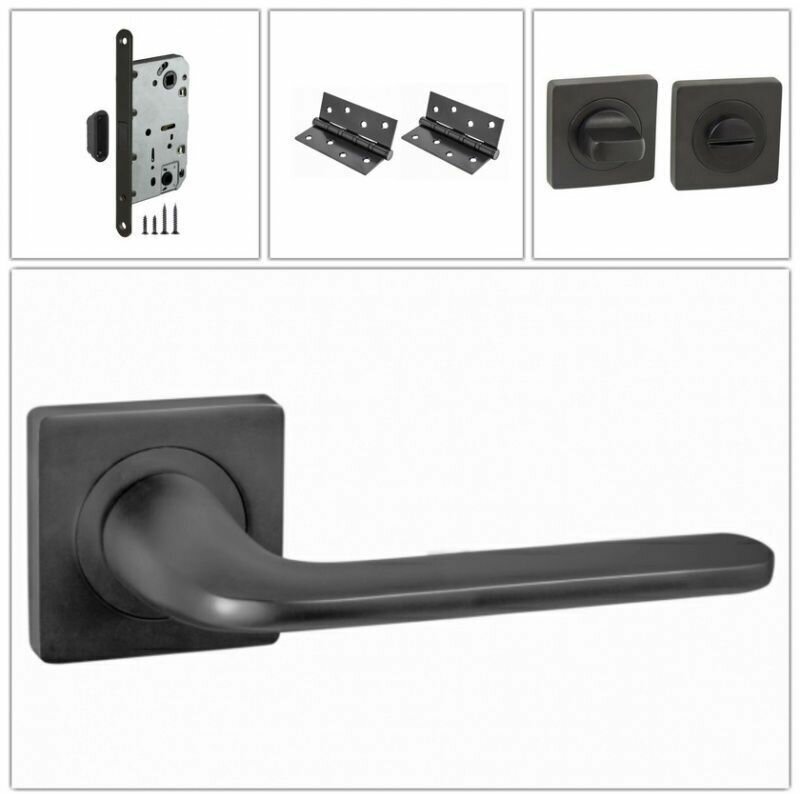 Комплект дверных ручек Punto DROID_ZQ_BL-24_MAGWC, черный (ручка + завертка WC + магнитный замок + 2 универсальные петли)